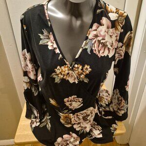 IZ Byer Women's Black Floral Wrap Top with Bell Sleeves